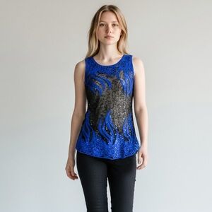 Nik & Dom Black Sequins Sheer Top with Cobalt Blue Flame Detail